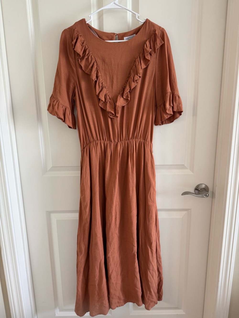 Women's Rust Ruffle Midi Dress with Gathered Waist